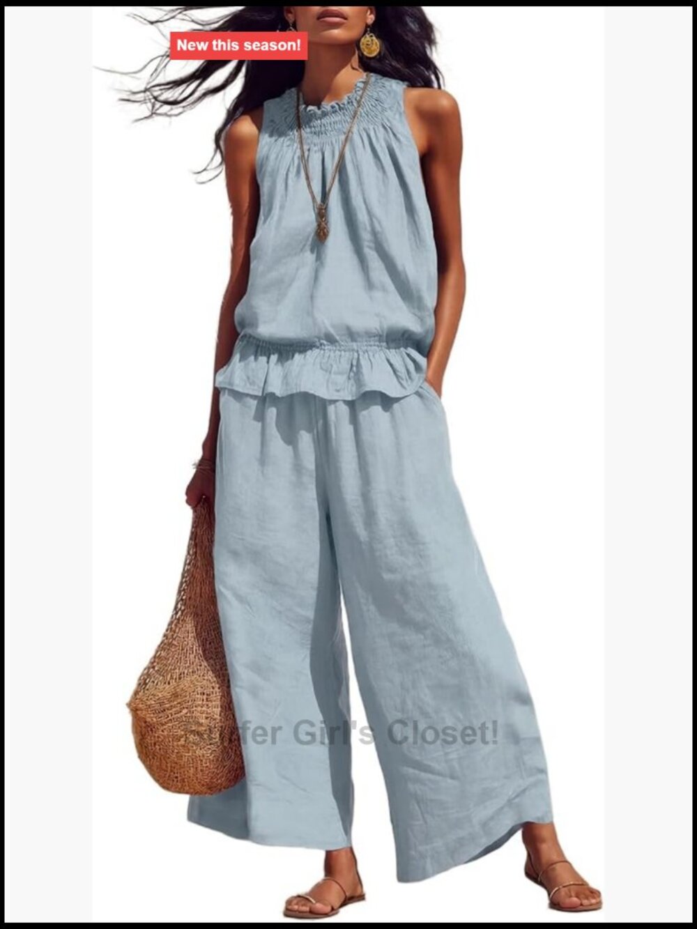 Linen Blend 2 Piece Lounge Set Sleeveless Ruffle Tank Wide Leg Pants Flowy
